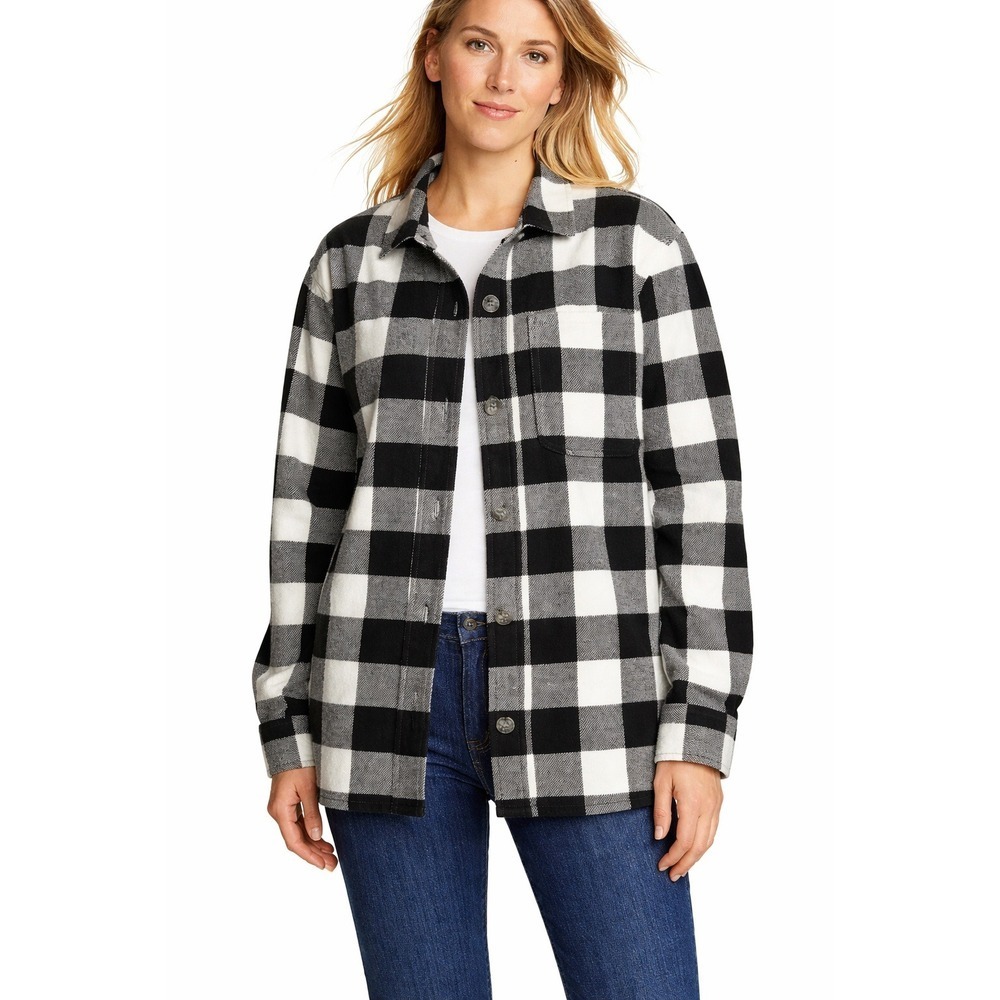 Eddie Bauer Womens Buffalo Plaid Microfleece Button Front Shirt Shacket SZ XL